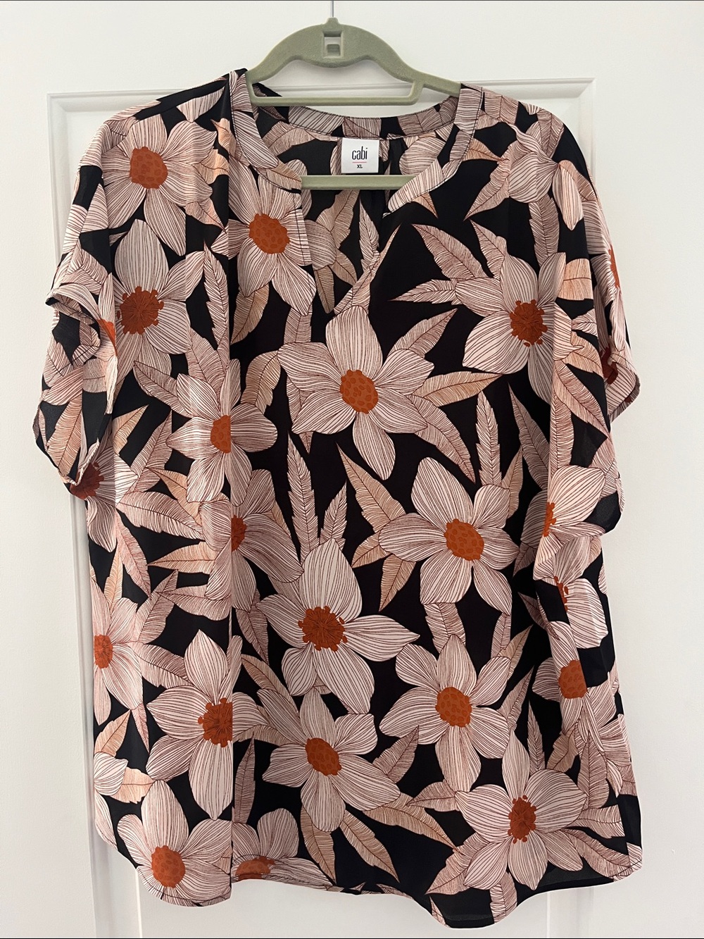 CAbi Black Floral Short-Sleeve Tunic with Blush & Rust Flowers